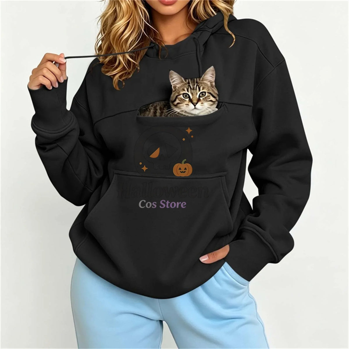Women Pet Carrier Hoodie With Pet Pocket Drawstring Long Sleeve Cat Dog Holding Pullover