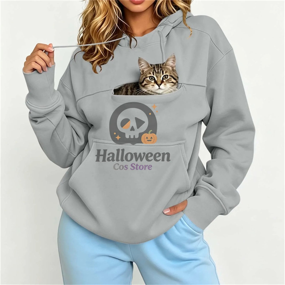 Women Pet Carrier Hoodie With Pet Pocket Drawstring Long Sleeve Cat Dog Holding Pullover