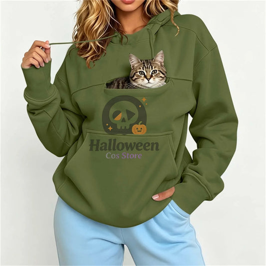 Women Pet Carrier Hoodie With Pet Pocket Drawstring Long Sleeve Cat Dog Holding Pullover