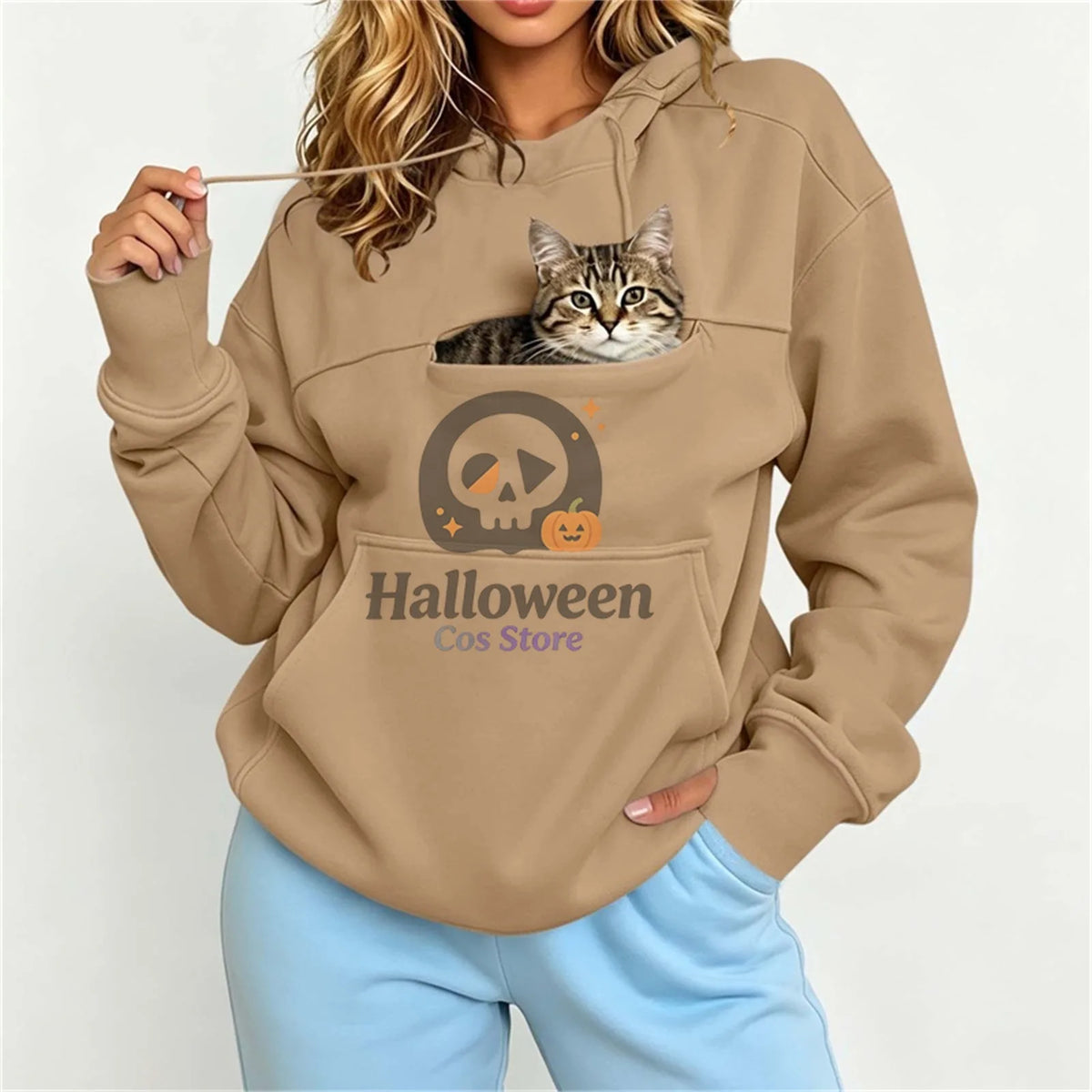Women Pet Carrier Hoodie With Pet Pocket Drawstring Long Sleeve Cat Dog Holding Pullover